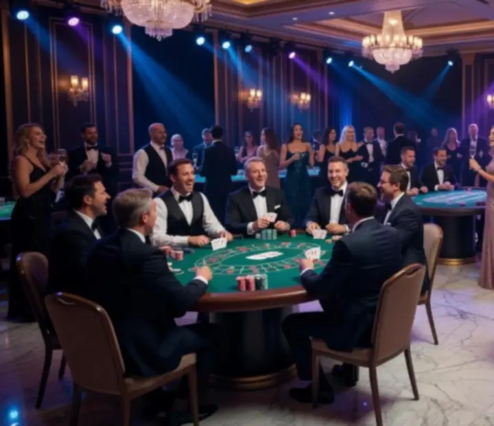 Dynamiczna scena eventu kasynowego z eleganckimi stołami i bawiącymi się gośćmi