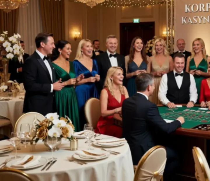 Spektakularny wieczór kasynowy z eleganckimi stołami do gier i bawiącymi się gośćmi