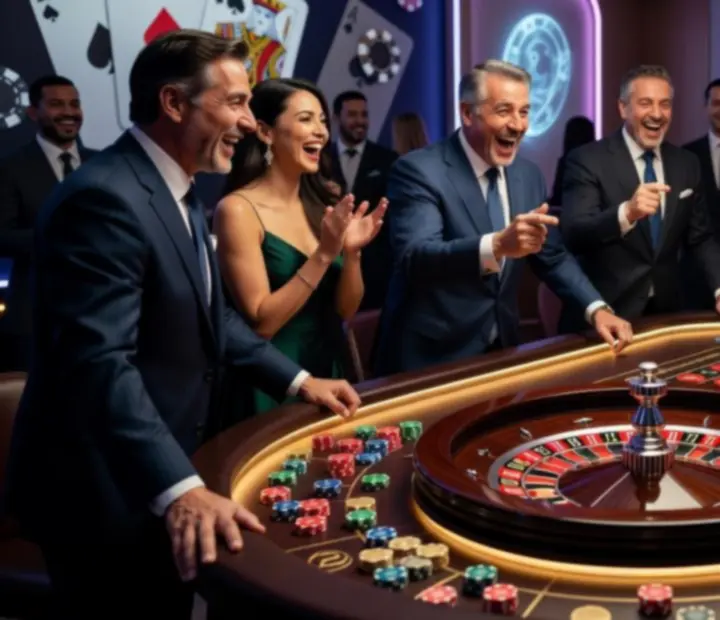 Rozświetlone stoły kasynowe i goście podczas eleganckiego eventu