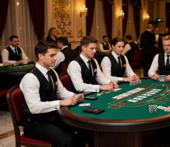 Krupierzy i hostessy obsługujący elegancki wieczór kasynowy