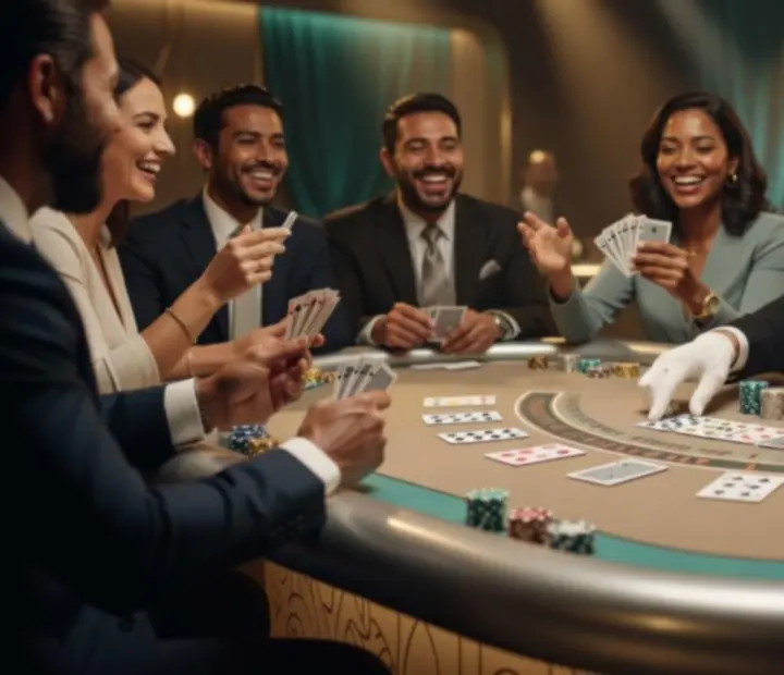 Goście grający przy eleganckim stole blackjack w strefie gry